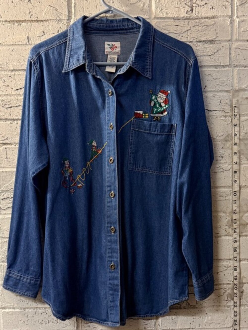 Nutcracker Womens XL Christmas Denim Shirt Santa Elves Embroidered Vintage